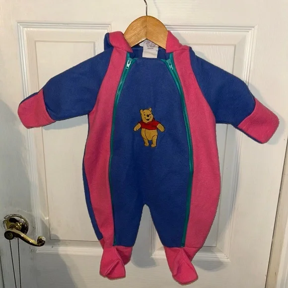 Vintage 90s Disney Winnie The Pooh Fleece One Piece Pajamas Bunting 0-6 Months - Picture 1 of 5